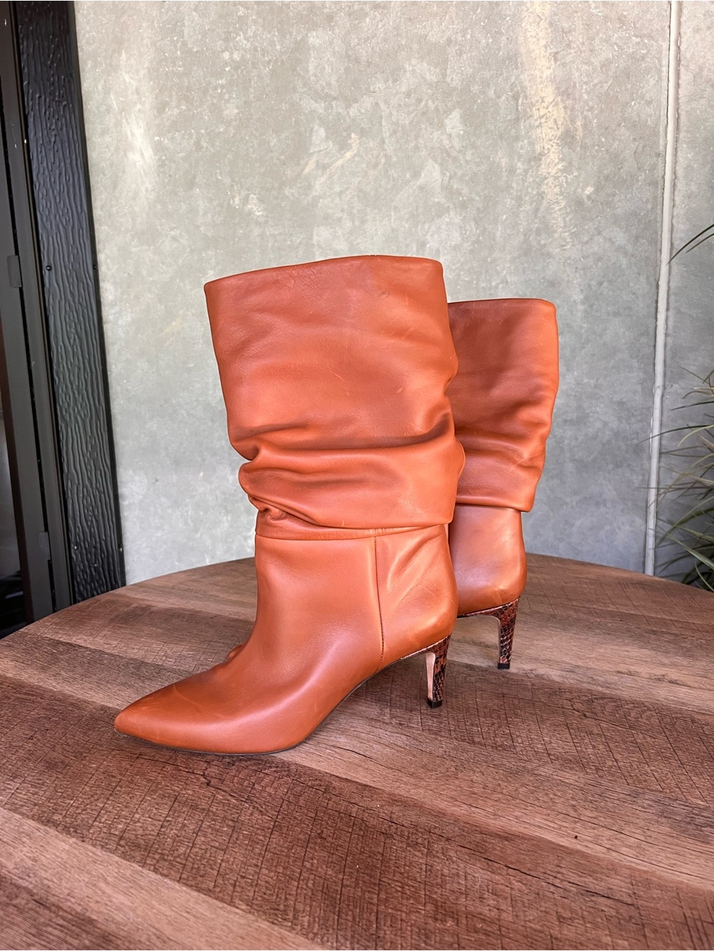 PARIS TEXAS Slouchy Mid-Calf Pointed Toe Leather Boots w Snake Heel - Cognac